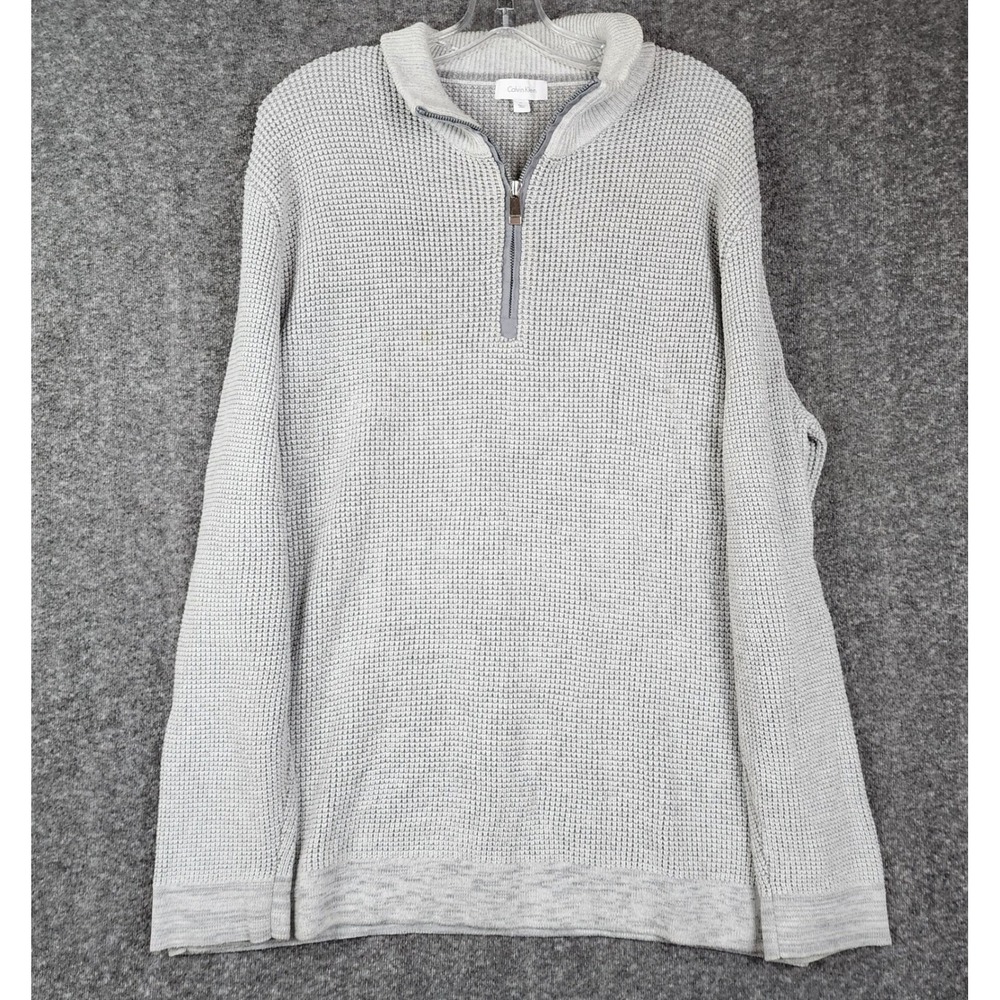 Calvin Klein Quarter Zip Sweater Mens XL Grey Waffle Knit Mock Neck Pullover